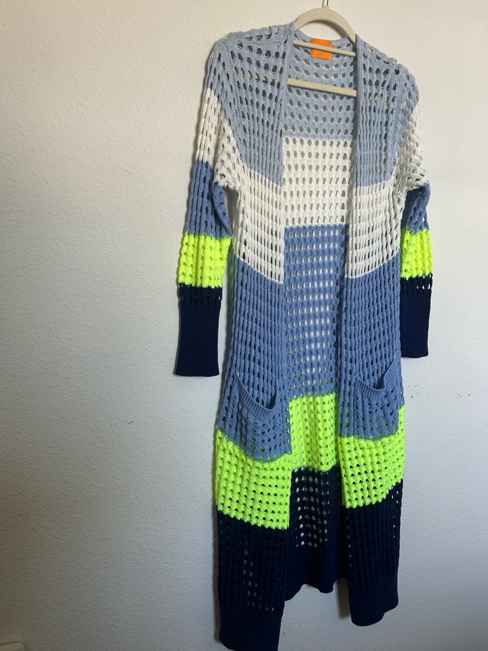 WISPR Long Open-Weave Colorblock Cardigan - Blue, White & Neon Green